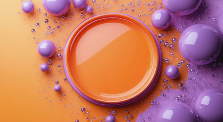 A circular dish in vibrant orange sits at the center, surrounded by purple bubbles. Clear droplets of water add depth to the colorful arrangement, creating a playful and bold visual effect.の素材