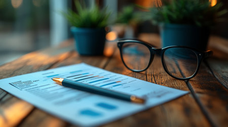 Glasses rest on a wooden table alongside a report featuring colorful graphs, with small potted plants adding greenery and a warm ambiance in soft light.の素材