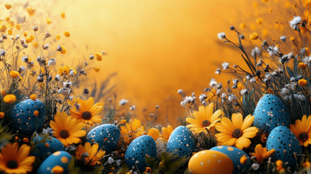Five beautifully decorated Easter eggs in pink and blue colors are arranged on a blue surface, surrounded by colorful confetti, creating a festive atmosphere perfect for celebration.の素材