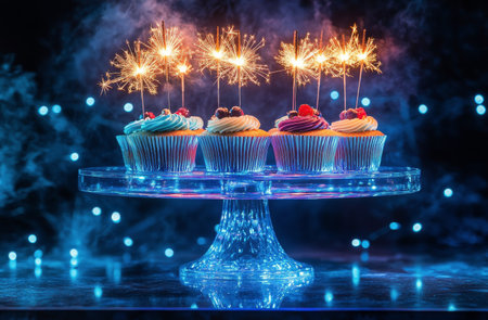 Three vibrant cupcakes topped with pink frosting and colorful sprinkles sit on a stand, each adorned with sparklers that illuminate the scene, perfect for a joyful celebration.の素材