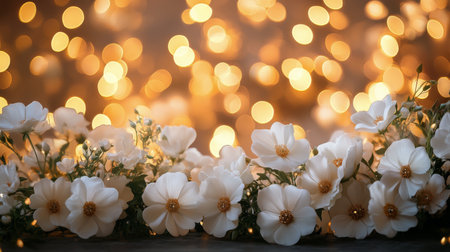 Delicate white flowers create a beautiful foreground against a backdrop of soft, warm glowing lights, enhancing the festive atmosphere of the evening event.の素材