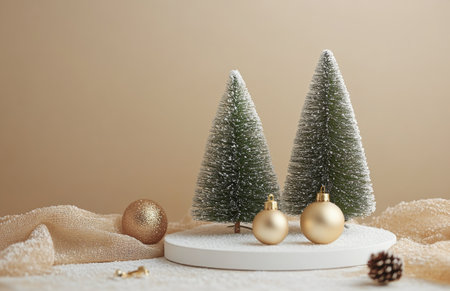A snow-dusted evergreen tree stands next to a round display featuring various white ornaments. The cozy, neutral backdrop enhances the festive atmosphere.の素材