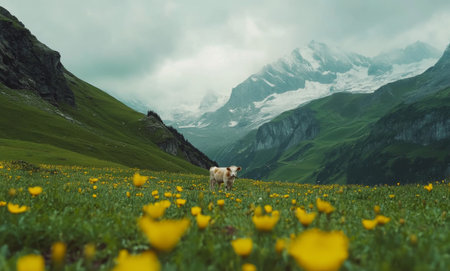 A cow stands in a lush green meadow surrounded by bright yellow wildflowers and stunning mountain peaks under a clear blue sky. The landscape captures a serene rural atmosphere.の素材