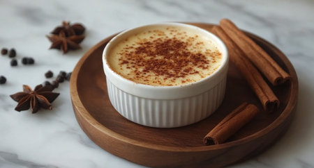 A delicious creamy dessert topped with a caramelized layer, presented in a small bowl placed on a polished wooden platter. The dessert showcases rich colors and textures.の素材