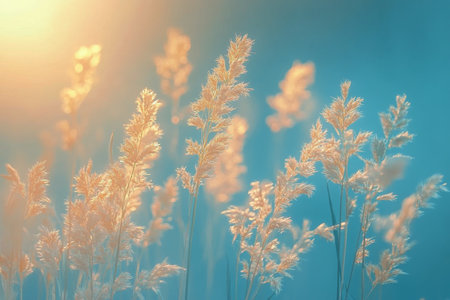 Tall strands of golden pampas grass create a striking contrast against a bright blue sky on a sunny day. The delicate plumes sway gently in the breeze.の素材