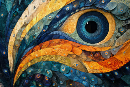 Close view of peacock feathers displays a mesmerizing array of colors and patterns. The vibrant hues create a striking visual effect, highlighting the beauty and detail in nature.の素材