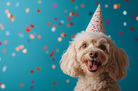 A cheerful dog wearing a festive party hat enjoys a joyful moment at a birthday celebration. Colorful confetti surrounds the playful pet in a lively indoor setting.の素材