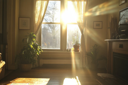 Sunshine pours into a tranquil room through a large window, casting warm light on the floor and highlighting indoor plants in pots. The atmosphere radiates comfort and serenity.の素材
