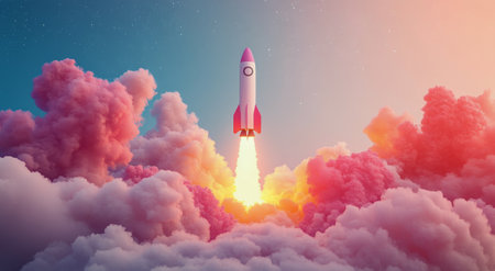 A rocket ascends into a pastel sky filled with pink and blue clouds during sunset, leaving a trail of orange flames behind. The scene captures the awesome of space exploration.の素材