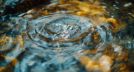 Water creates mesmerizing ripples as droplets fall, with golden reflections from the setting sun illuminating the surface in a peaceful outdoor setting.の素材