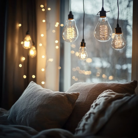 Soft lighting illuminates a cozy bedroom with hanging light bulbs and warm fairy lights. Plush pillows adorn the bed, creating an inviting, tranquil ambiance perfect for relaxation.の素材