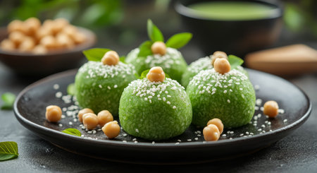 A serving of vibrant green sweets is arranged on a black plate, topped with sesame seeds and garnished with chickpeas. The dish is set against a blurred backdrop, enhancing its appeal.の素材