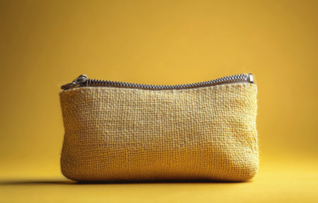 A bright yellow pouch sits on a solid yellow background, showing its sleek design and zipper closure. This accessory is perfect for keeping personal items organized and stylish.の素材