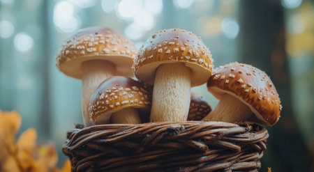 A collection of freshly gathered mushrooms sits in a woven basket, surrounded by forest foliage. The misty atmosphere of autumn enhances the natural beauty and colors of the scene.の素材