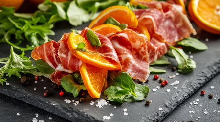 A savory dish features thinly sliced cured meats and fresh citrus fruits, artfully arranged on a dark slate plate. Herbs and salt further enhance the presentation.の素材