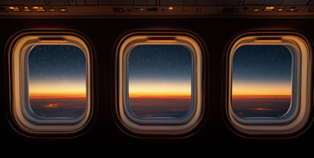 Colorful sunset seen from three airplane windows, highlighting clouds and vibrant sky hues. The flight offers a breathtaking perspective of the horizon at dusk.の素材