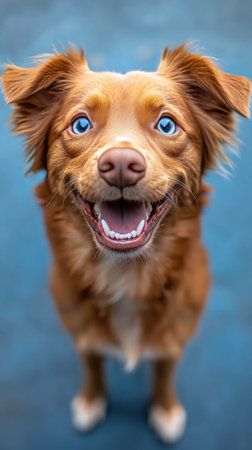 A joyful brown dog with striking blue eyes stands eagerly, displaying a big smile. The background shows a vibrant outdoor area, enhancing the cheerful atmosphere.の素材