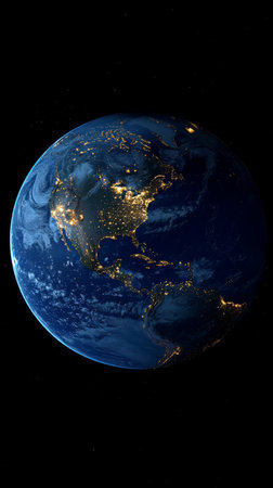 The planet Earth is seen from space, showcasing Asia illuminated by city lights against a dark background. The bright spots signify urban areas, highlighting human activity.の素材