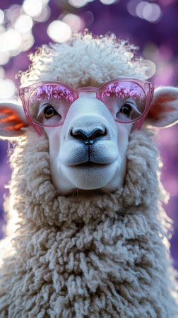 A sheep with fluffy wool and stylish pink sunglasses looks confidently at the camera, surrounded by a bright and colorful backdrop. The unique style adds charm to the lively scene.の素材