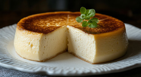 A creamy panna cotta dessert is sliced on a round plate. The dish features a smooth texture, topped with fresh mint leaves and a sprinkle of spice, resting on a dark surface.の素材