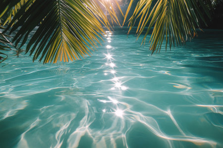 Sunlight creates a shimmering effect under the water, revealing a beautiful sandy ocean floor. Lush palm leaves frame the scene, enhancing the tropical ambiance.の素材