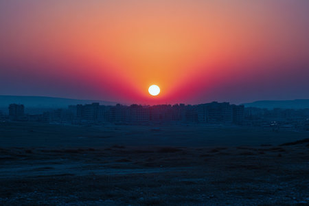 A breathtaking sunset casts brilliant orange and pink colors across the sky as the sun dips below a city skyline in the distance, creating a serene atmosphere at dusk.の素材