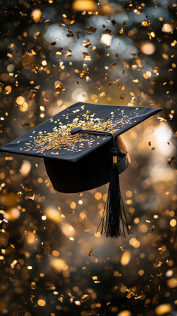 A graduation cap with a golden tassel is surrounded by a shower of golden confetti and glowing lights, creating a festive and joyful atmosphere during a celebration.の素材