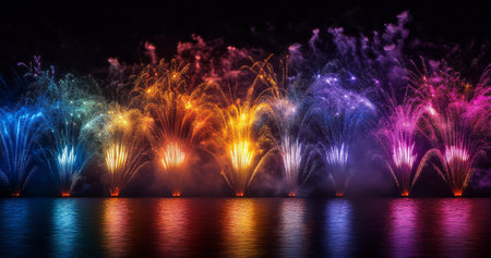 Fireworks explode in a brilliant array of colors, illuminating the dark sky during a festive event. The display features vibrant bursts of red, blue, green, and purple, creating a magical atmosphere.の素材