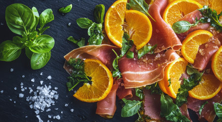 A savory dish features thinly sliced cured meats and fresh citrus fruits, artfully arranged on a dark slate plate. Herbs and salt further enhance the presentation.の素材