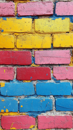 A vibrant mural painted on a brick wall features squares in blue, yellow, pink, and red. This urban artwork adds character to the surrounding city environment.の素材
