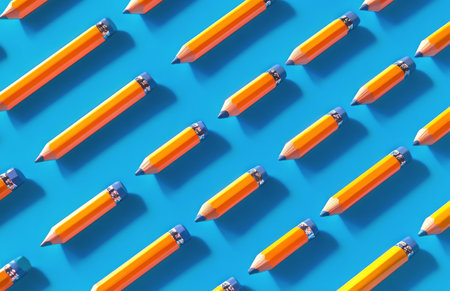 A vibrant collection of colored pencils with various tips is neatly arranged on a light blue surface. This display inspires art projects and creative activities.の素材