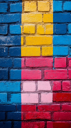 A vibrant mural painted on a brick wall features squares in blue, yellow, pink, and red. This urban artwork adds character to the surrounding city environment.の素材