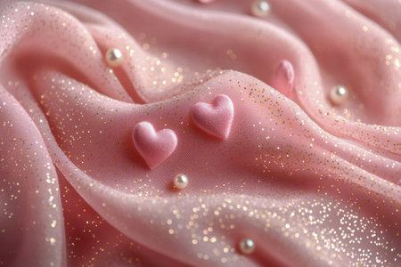 Delicate pink fabric shimmers with sparkles while heart-shaped candies and pearls add charm. This setup is perfect for a romantic occasion or celebration theme.の素材