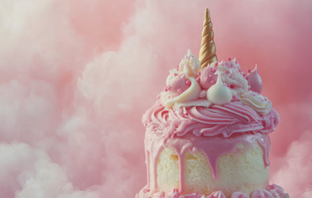A stunning unicorn cake with layers of blue and pink frosting showcases playful decor. The cake features a vibrant pink drip and whimsical unicorn horns, perfect for birthdays.の素材