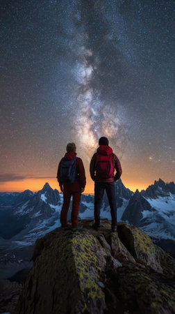 Two friends stand together, gazing upward at a stunning night sky filled with stars. They are positioned in front of a sleek modern building with warm lights visible inside.の素材