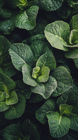 Lush green cabbage leaves are showcased in a garden, glistening with dew drops under the soft light of early morning. The healthy foliage represents fresh produce and gardening efforts.の素材