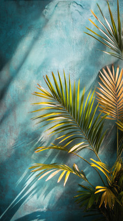 Lush green palm leaves create striking shadows on a vivid blue wall, showing the interplay of light and nature in a serene indoor environment.の素材