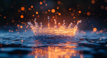 A stunning splash forms a glowing crown shape as water droplets dance in the air. The dark background enhances the mesmerizing light effects of the scene.の素材