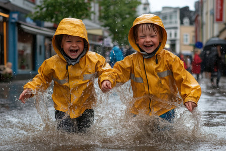 Two happy children laugh and play in the rain, splashing through large puddles on a city street. Their bright yellow raincoats stand out against the gray surroundings.の素材