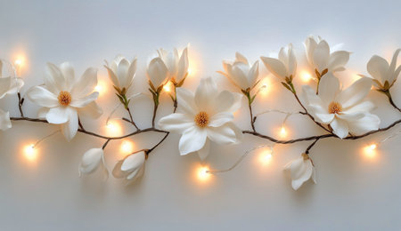 A delicate garland featuring white flowers interwoven with warm lights creates a charming atmosphere suitable for home decoration or special events. Perfect for celebrations and enhancing ambiance.の素材