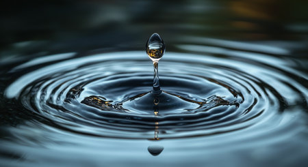 A single water droplet falls into a calm body of water, creating concentric ripples that reflect the warm hues of the sunset in the background.の素材