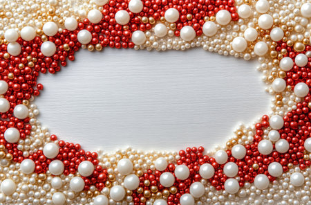 A beautiful arrangement of red and white ornaments with gold accents is placed on a light wooden surface, creating a festive frame. Perfect for holiday celebrations and seasonal decor.の素材