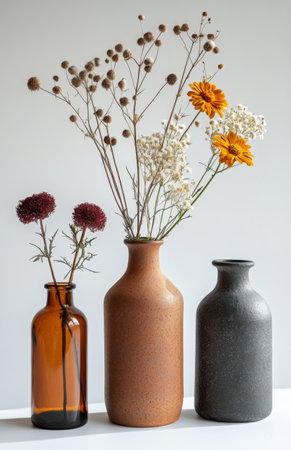 Three vases in varying colors hold dried flowers and branches, beautifully arranged on a bright windowsill, illuminated by soft sunlight.の素材