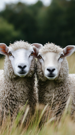 Two fluffy sheep with dense wool stand side by side in a grassy meadow, surrounded by a misty atmosphere that enhances the tranquil rural setting.の素材