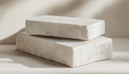 Two rectangular natural stone blocks sit atop each other on a soft surface, illuminated by warm daylight, creating a serene and minimalist aesthetic.の素材