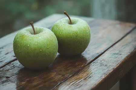 Two vibrant green apples sit on a rustic wooden table. Water droplets cling to their surfaces, suggesting a recent rain. The setting has a calm, fresh atmosphere.の素材