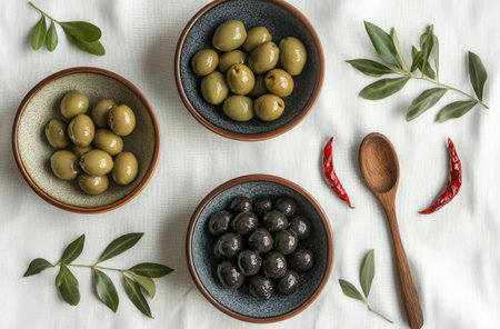 Three bowls filled with green, black, and dark olives are placed on a textured white surface, accompanied by red chili peppers and bay leaves, creating a vibrant display of flavors.の素材