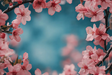 Pink cherry blossoms elegantly surround a blank piece of textured parchment on a soft, neutral backdrop, creating a serene atmosphere perfect for creative projects or invitations.の素材