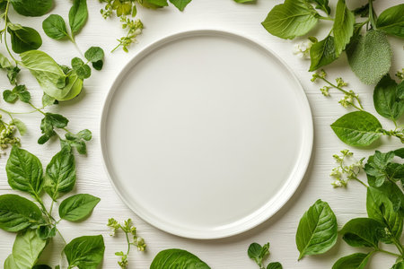 A blank, round plate is surrounded by various fresh green herbs and leaves on a light wooden surface, creating a vibrant and natural presentation in daytime light.の素材