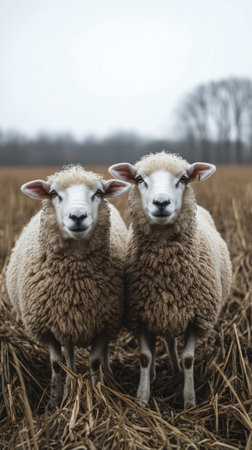 Two fluffy sheep stand side by side in a serene grassy field. Their woolly coats blend with the natural surroundings, showcasing a peaceful rural setting.の素材
